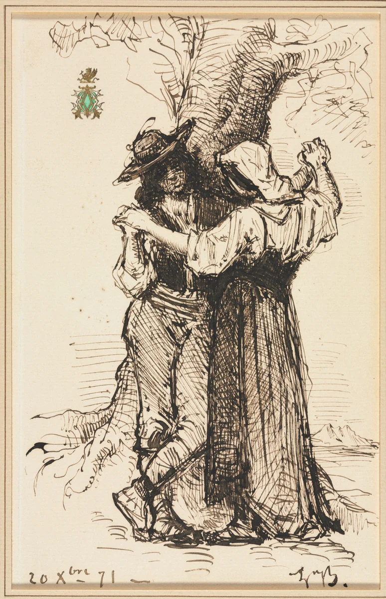 Couple Courting by a Tree by Léon Bonnat, drawing, 1871
