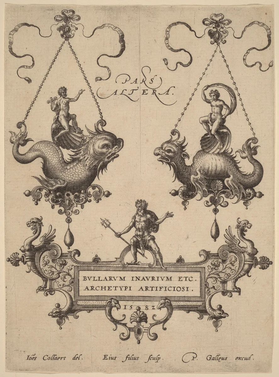 Title Plate with Designs for Pendants by Adriaen Collaert, print, 1582