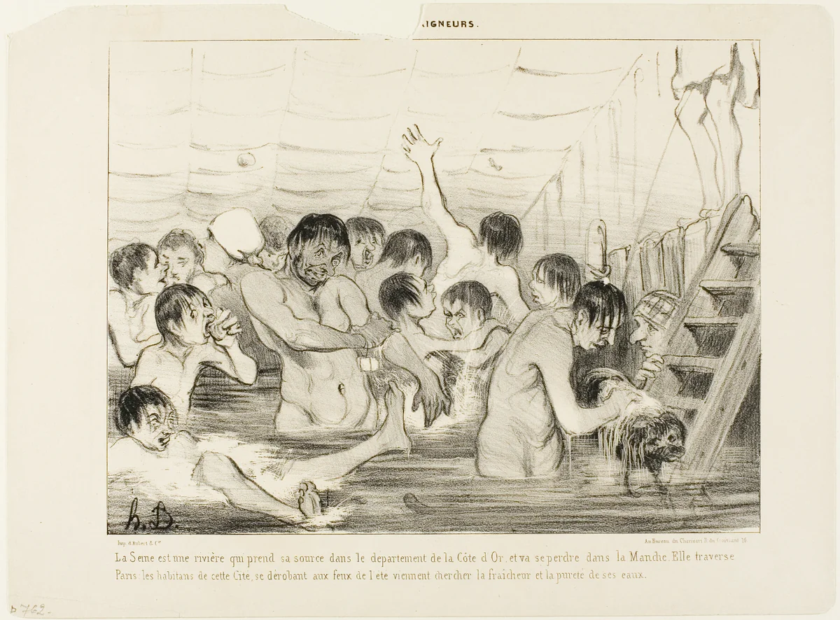 The source of the Seine is the Cote d'Or, and it empties into the Channel. On its way it traverses Paris where the inhabitants escape the summer's heat and try to find freshness and purity in this river, plate 3 from Les Baigneurs by Honoré-Victorin Daumier, print, 1839