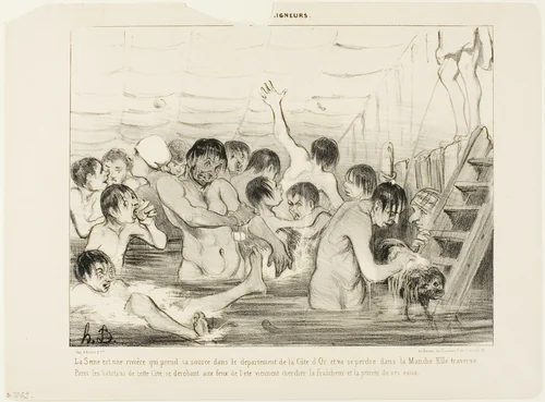 The source of the Seine is the Cote d'Or, and it empties into the Channel. On its way it traverses Paris where the inhabitants escape the summer's heat and try to find freshness and purity in this river, plate 3 from Les Baigneurs by Honoré-Victorin Daumier, print, 1839