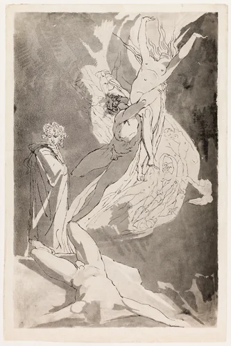 Dante Swoons before the Soaring Souls of Paolo and Francesca, Virgil at his Side by Henry Fuseli, print, 1813-1823