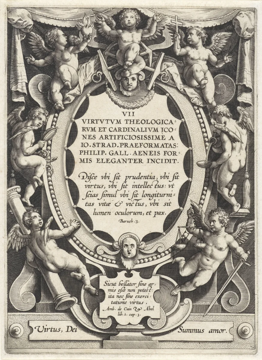Cartouche met serietitel, omringd door putti by Hieronymus Wierix, print, 1563-1612