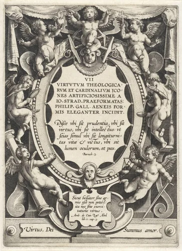 Cartouche met serietitel, omringd door putti by Hieronymus Wierix, print, 1563-1612