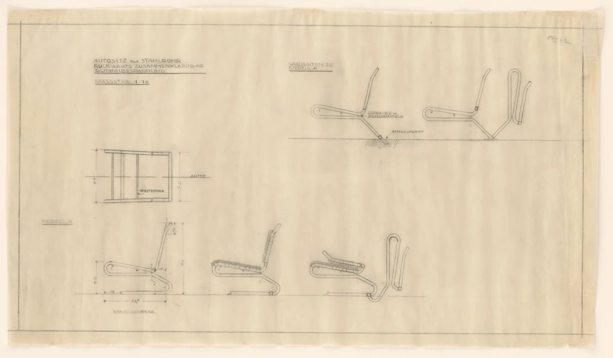 Folding car seat of tubular steel, with rubber straps (Plan and elevations) by Lilly Reich, mies van der rohe archive