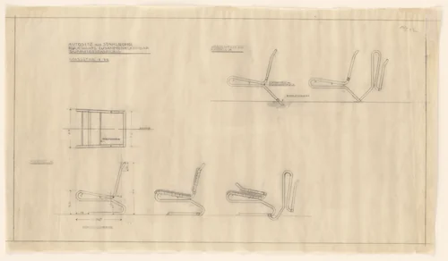 Folding car seat of tubular steel, with rubber straps (Plan and elevations) by Lilly Reich, mies van der rohe archive