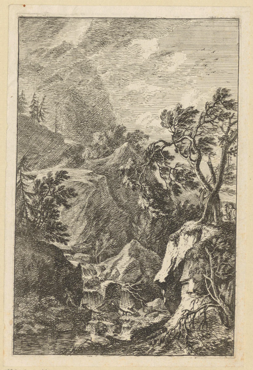 Rotsachtig landschap met rechts twee mannen achter twee bomen by Joachim Franz Beich, print, 1714-1724