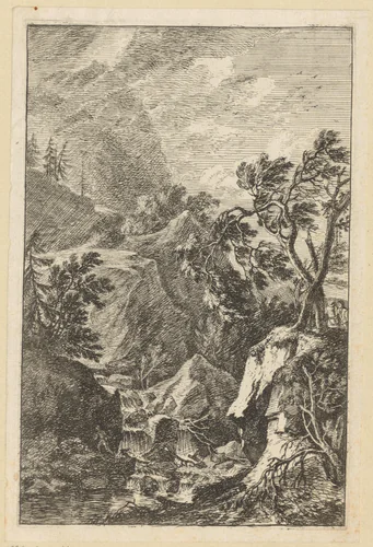Rotsachtig landschap met rechts twee mannen achter twee bomen by Joachim Franz Beich, print, 1714-1724