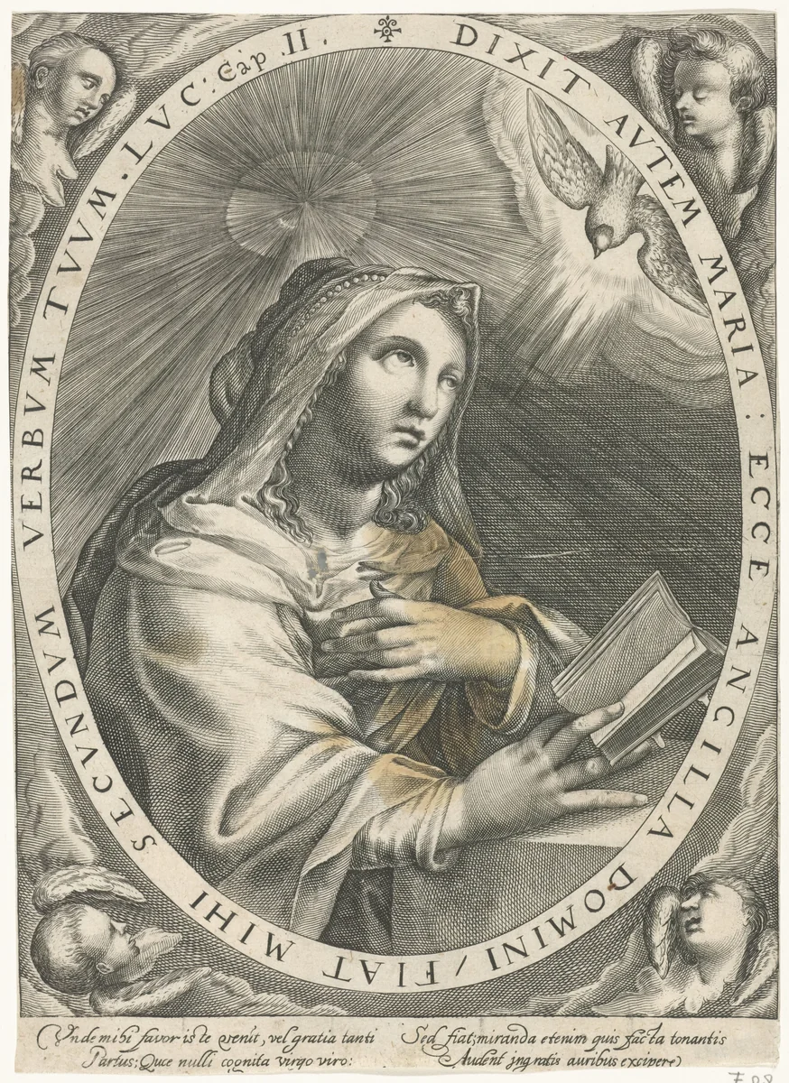 Annunciatie (Maagd Maria) by Crispijn van de Passe, print, 1574-1637
