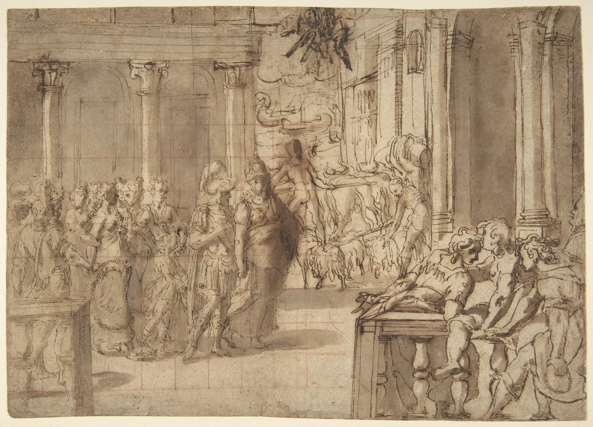Dido and Aeneas (recto); Three Figures Traced in Reverse from Recto and a Study of a Seated Man (verso) by anonymous, drawing, 1500-1600