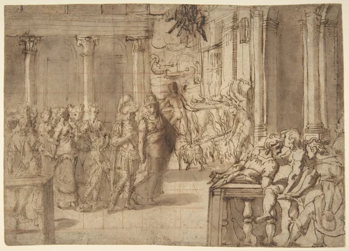 Dido and Aeneas (recto); Three Figures Traced in Reverse from Recto and a Study of a Seated Man (verso) by anonymous, drawing, 1500-1600
