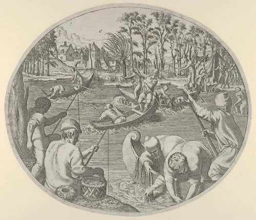 Fishing Scene by Léon Davent, print, 1547