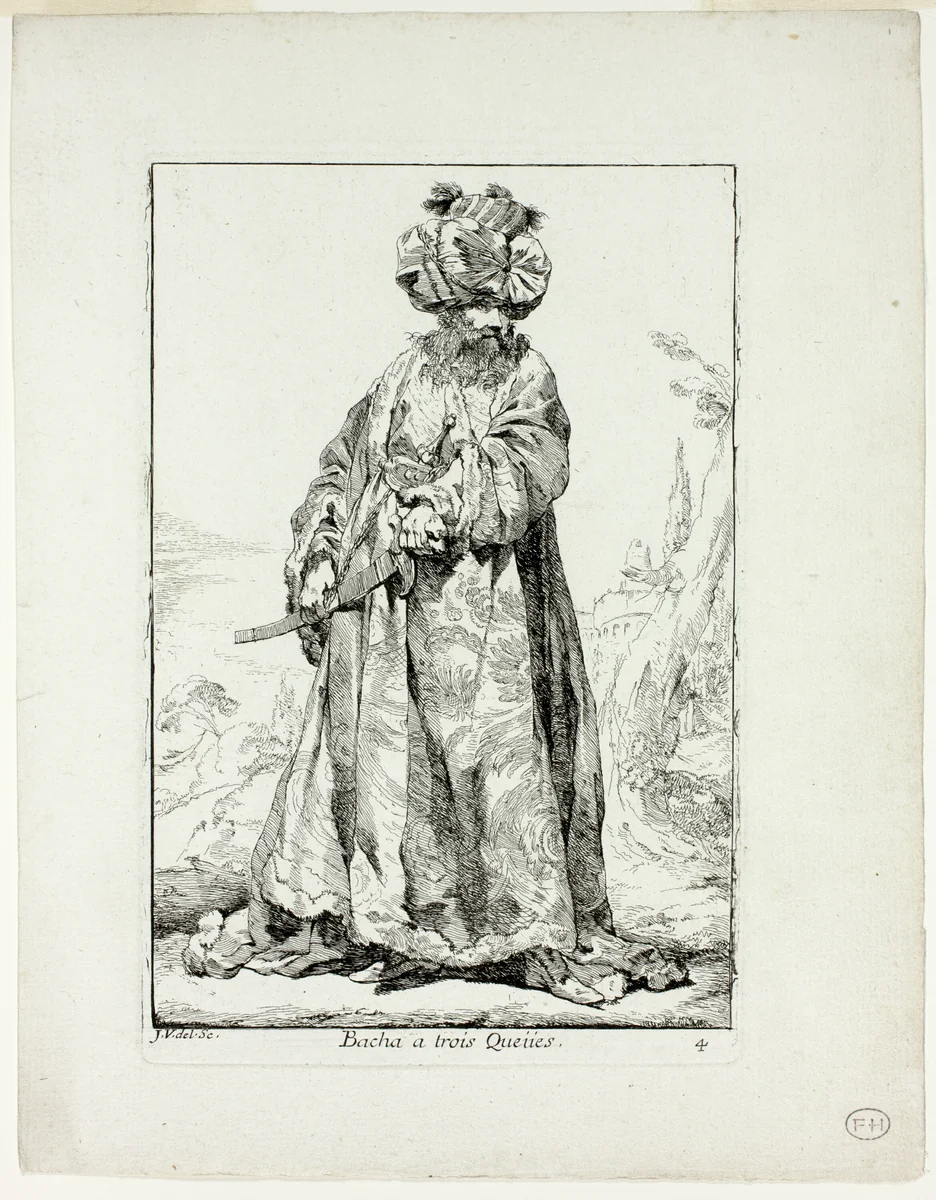 Bacha à trois Queues, plate four from Caravanne du Sultan à la Mecque by Joseph-Marie Vien, print, 1748