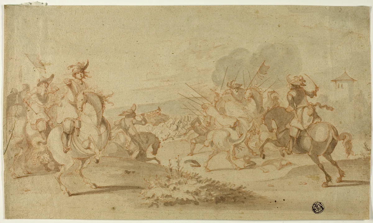 Cavalry in Battle by Philipw Wouwerman, drawing, 1639-1668