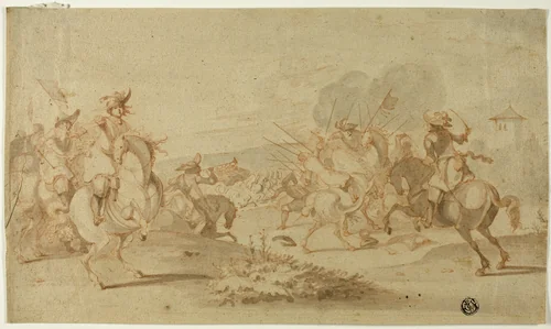 Cavalry in Battle by Philipw Wouwerman, drawing, 1639-1668