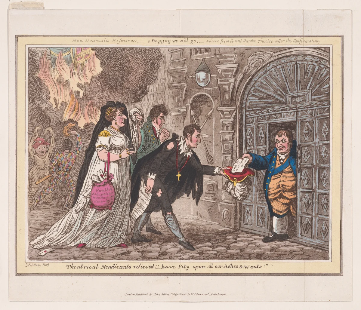 Theatrical Mendicants Relieved - have Pity upon all our Aches and Wants! by James Gillray, print, 1824-1827