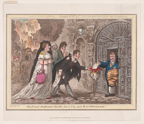 Theatrical Mendicants Relieved - have Pity upon all our Aches and Wants! by James Gillray, print, 1824-1827