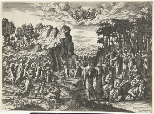 Mozes slaat water uit de rots by Unknown, print, 1555
