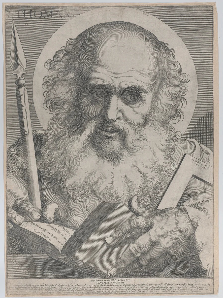 Saint Thomas, with a lance in a right hand and a book and square in his left hand by Luca Ciamberlano, print, 1606