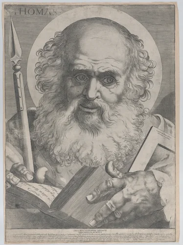 Saint Thomas, with a lance in a right hand and a book and square in his left hand by Luca Ciamberlano, print, 1606