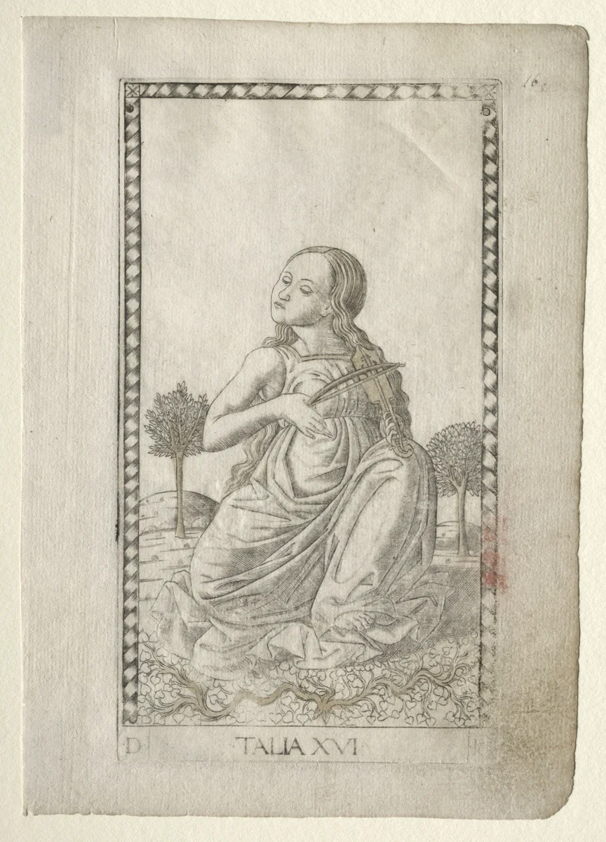 Thalia (comedy, pastoral poetry) (from the Tarocchi series D: Apollo and the Muses, #16) by Master of the E-Series Tarocchi, print, 1457-1467