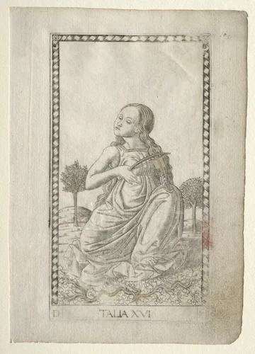 Thalia (comedy, pastoral poetry) (from the Tarocchi series D: Apollo and the Muses, #16) by Master of the E-Series Tarocchi, print, 1457-1467