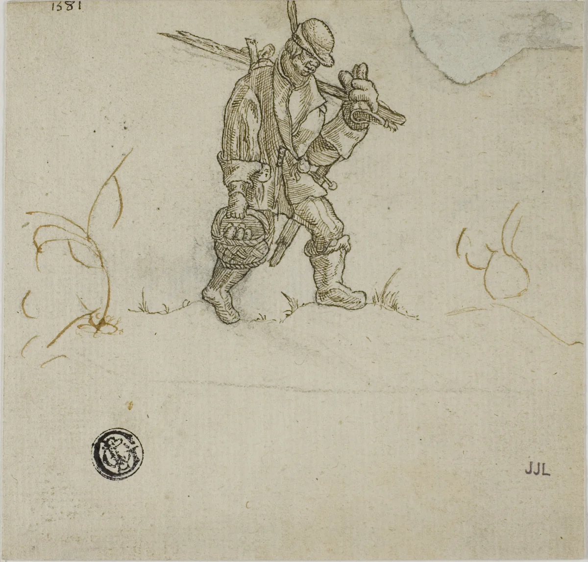 Peasant Carrying Bucket by Sebald Beham, drawing, 1500-1600