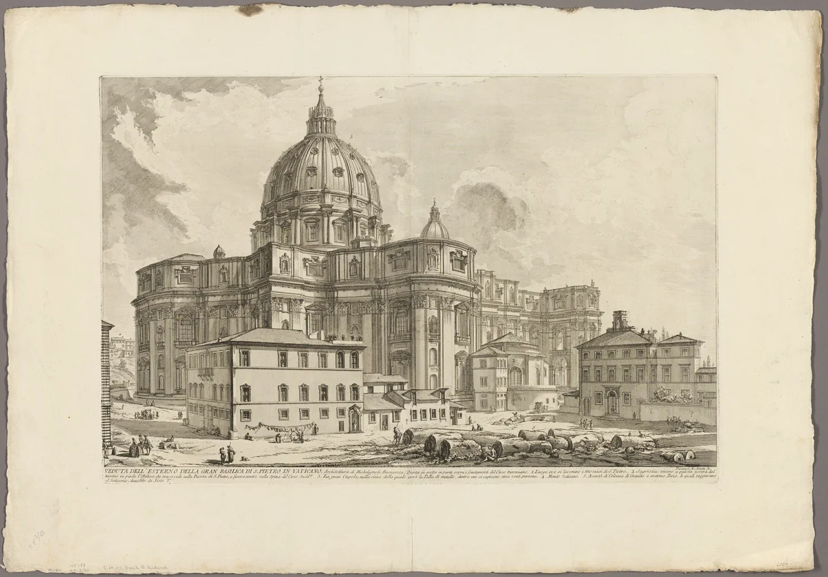 View of the exterior of St. Peter's Basilica in the Vatican, from Views of Rome by Giovanni Battista Piranesi, print, 1750-1759
