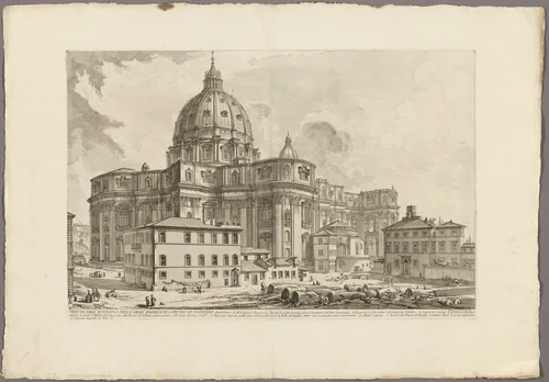 View of the exterior of St. Peter's Basilica in the Vatican, from Views of Rome by Giovanni Battista Piranesi, print, 1750-1759