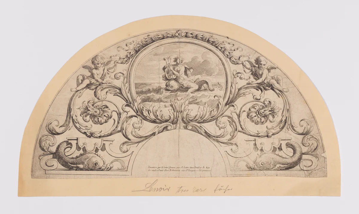 Fan leaf with acanthus scrolls and dolphins by Nicolas Loir, print, 1600-1699