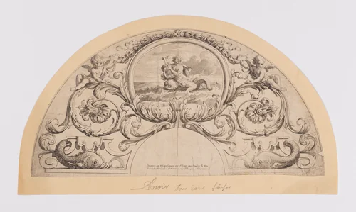Fan leaf with acanthus scrolls and dolphins by Nicolas Loir, print, 1600-1699