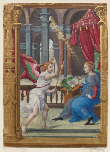 The Annunciation (Matins, Office of the Virgin): Leaf from a Book of Hours (1 of 3 Excised Leaves) by Noël Bellemare, manuscript, 1525-1540