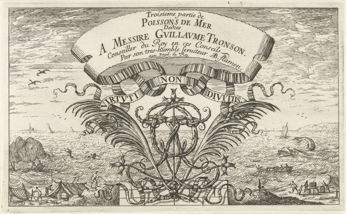 Zeegezicht door ornamentaal wapen by Albert Flamen, print, 1664