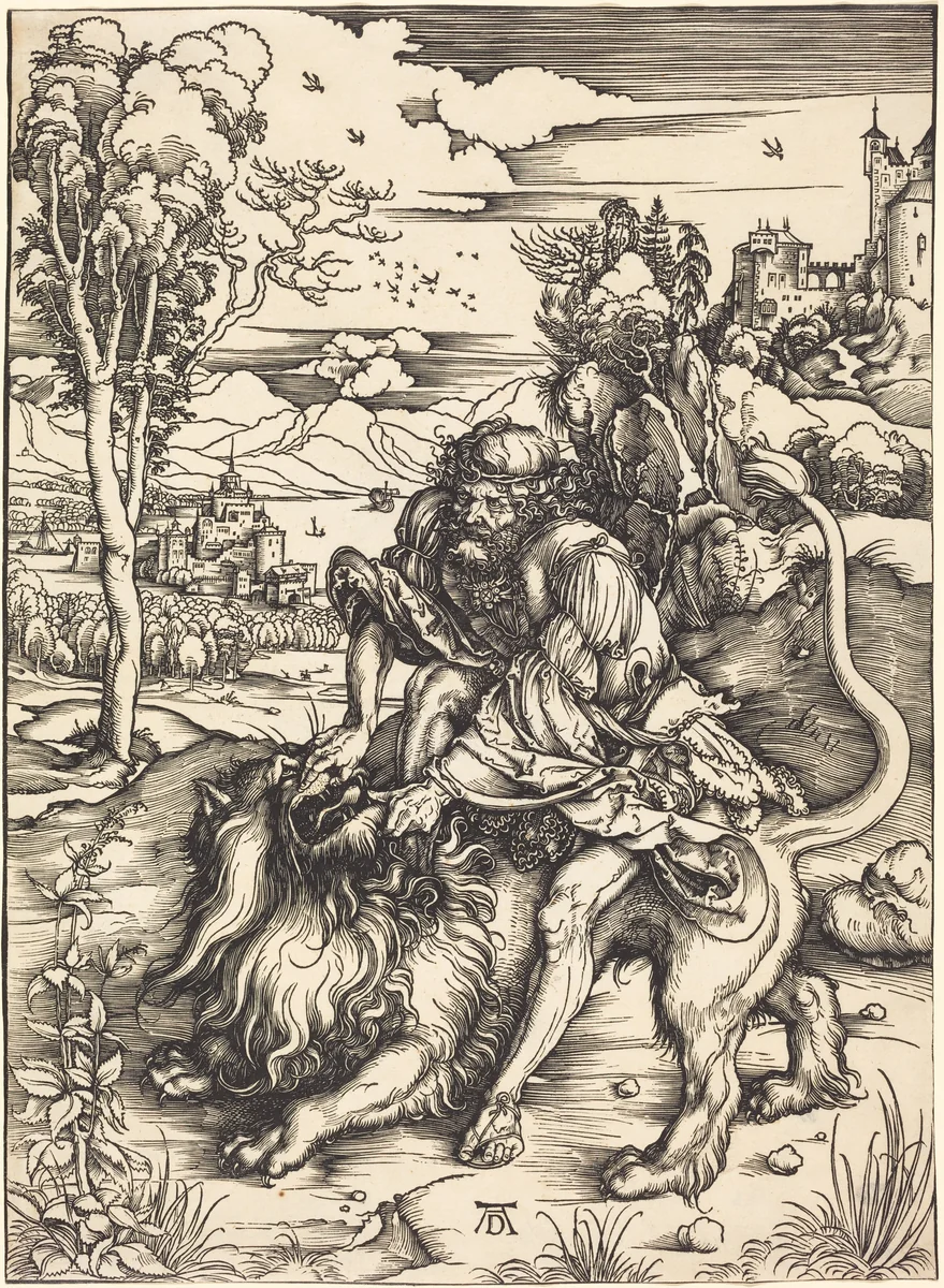 Samson Fighting with the Lion by Albrecht Dürer, print, 1497-1498