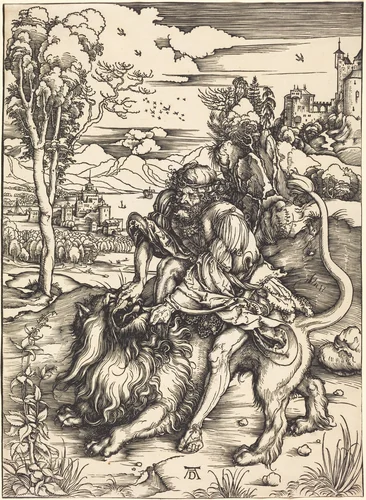 Samson Fighting with the Lion by Albrecht Dürer, print, 1497-1498