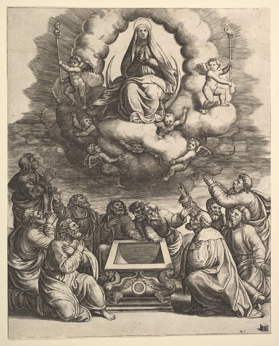 The Assumption of the Virgin, below the apostles surround the tomb by Master of the Die, print, 1530-1560