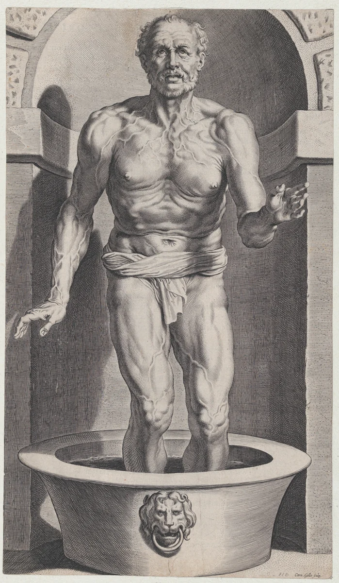 Seneca at the bath, standing in a niche with his feet in a basin by Cornelis Galle, print, 1610-1620