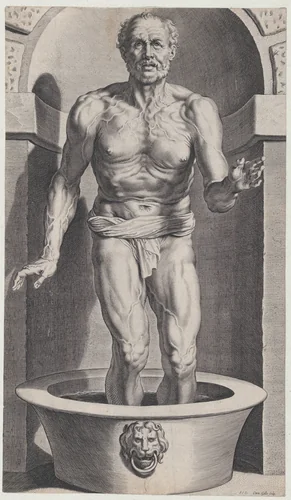 Seneca at the bath, standing in a niche with his feet in a basin by Cornelis Galle, print, 1610-1620