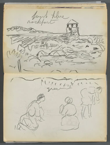 Sketchbook- The Granite Shore Hotel, Rockport, page 124 & 125: Rockport Lighthouse and Figures on Shore by Maurice Prendergast, book, 1905-1910