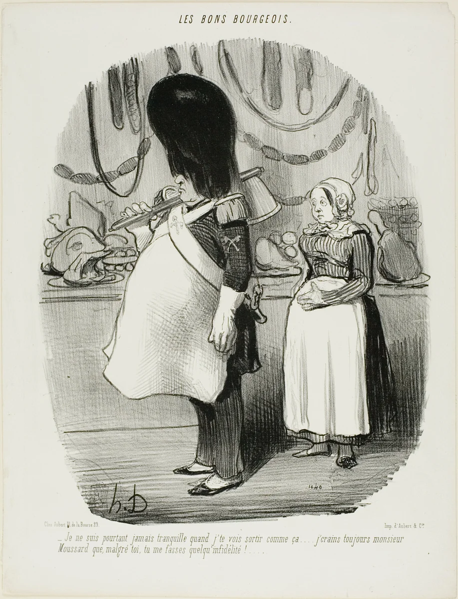 “- I'm never calm when I see you go out like this... I am always afraid, Monsieur Moussard, that you may be infidel,” plate 67 from Les Bons Bourgeois by Honoré-Victorin Daumier, print, 1847