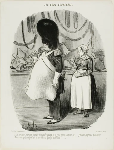 “- I'm never calm when I see you go out like this... I am always afraid, Monsieur Moussard, that you may be infidel,” plate 67 from Les Bons Bourgeois by Honoré-Victorin Daumier, print, 1847