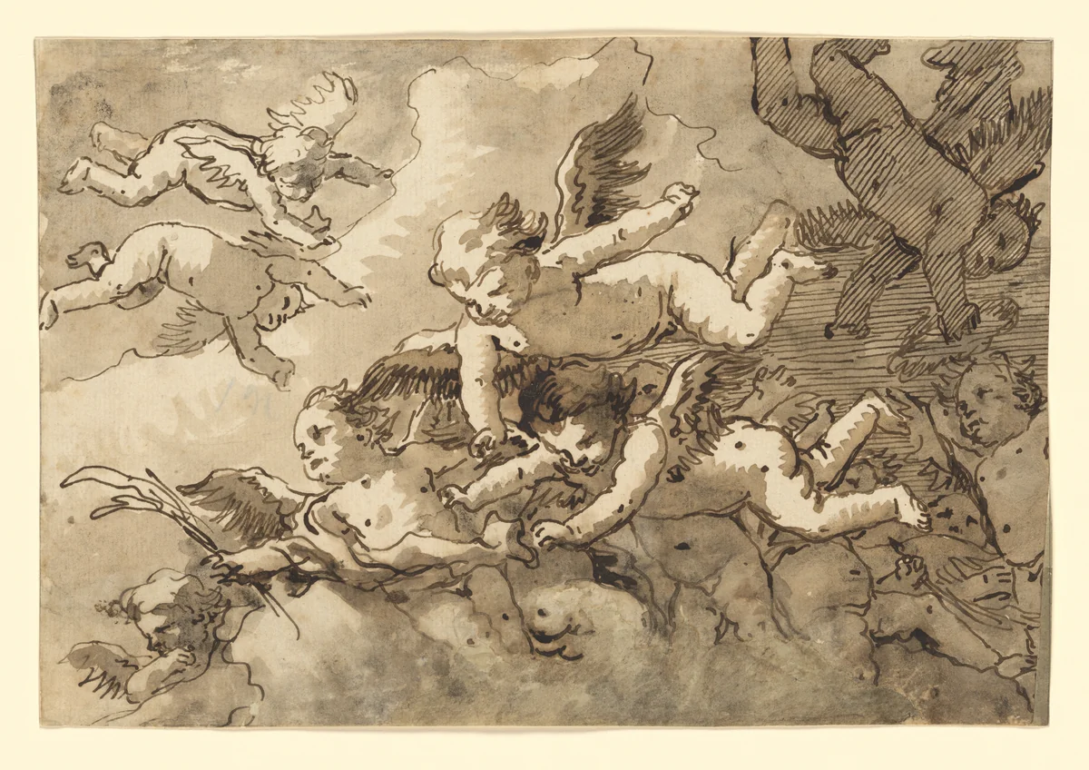 A Flock of Winged Cherubs in the Sky, One Holding a Martyr's Palm by Giovanni Domenico Tiepolo, drawing, 1767-1793