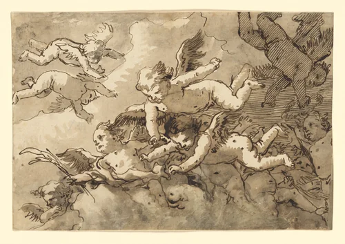 A Flock of Winged Cherubs in the Sky, One Holding a Martyr's Palm by Giovanni Domenico Tiepolo, drawing, 1767-1793