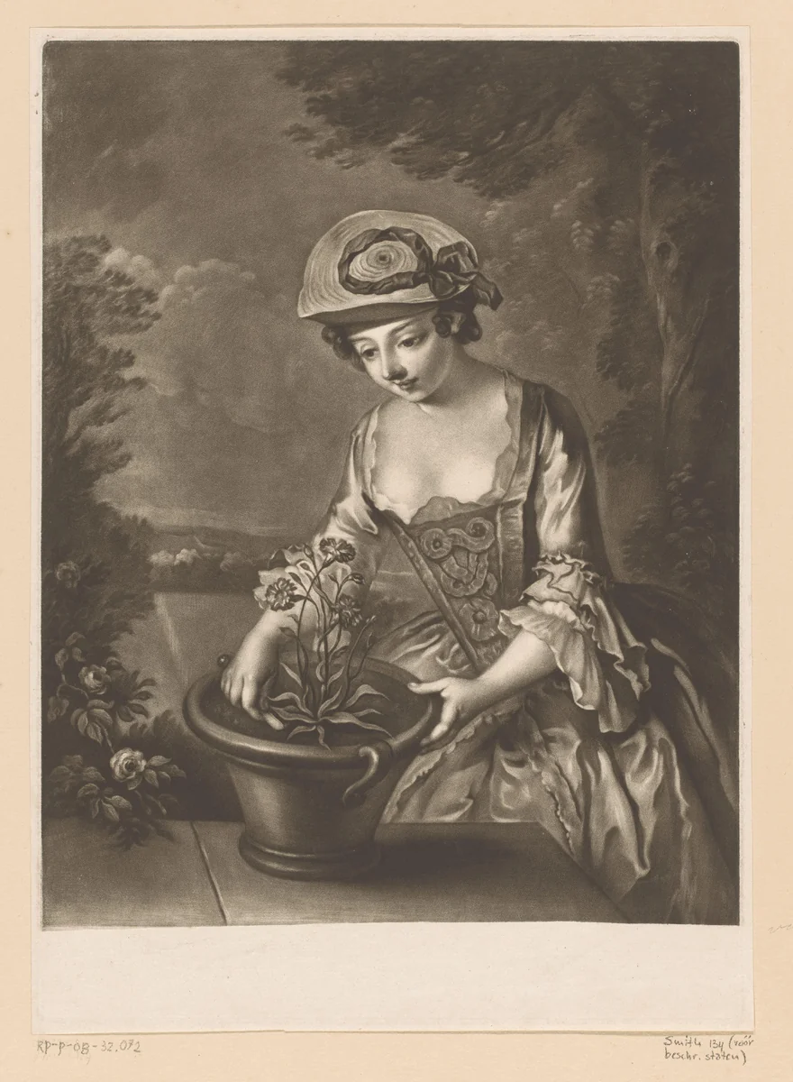 Jonge vrouw met een bloempot by Richard Houston, print, 1756