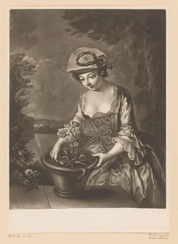 Jonge vrouw met een bloempot by Richard Houston, print, 1756