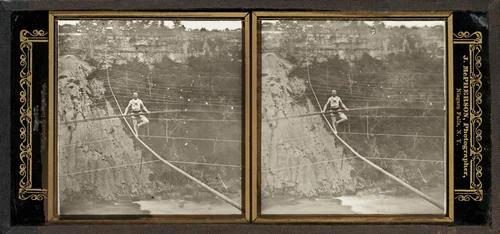 Charles Blondin walking a tightrope across Niagara Falls by J. McPherson, photograph, 1860-1869