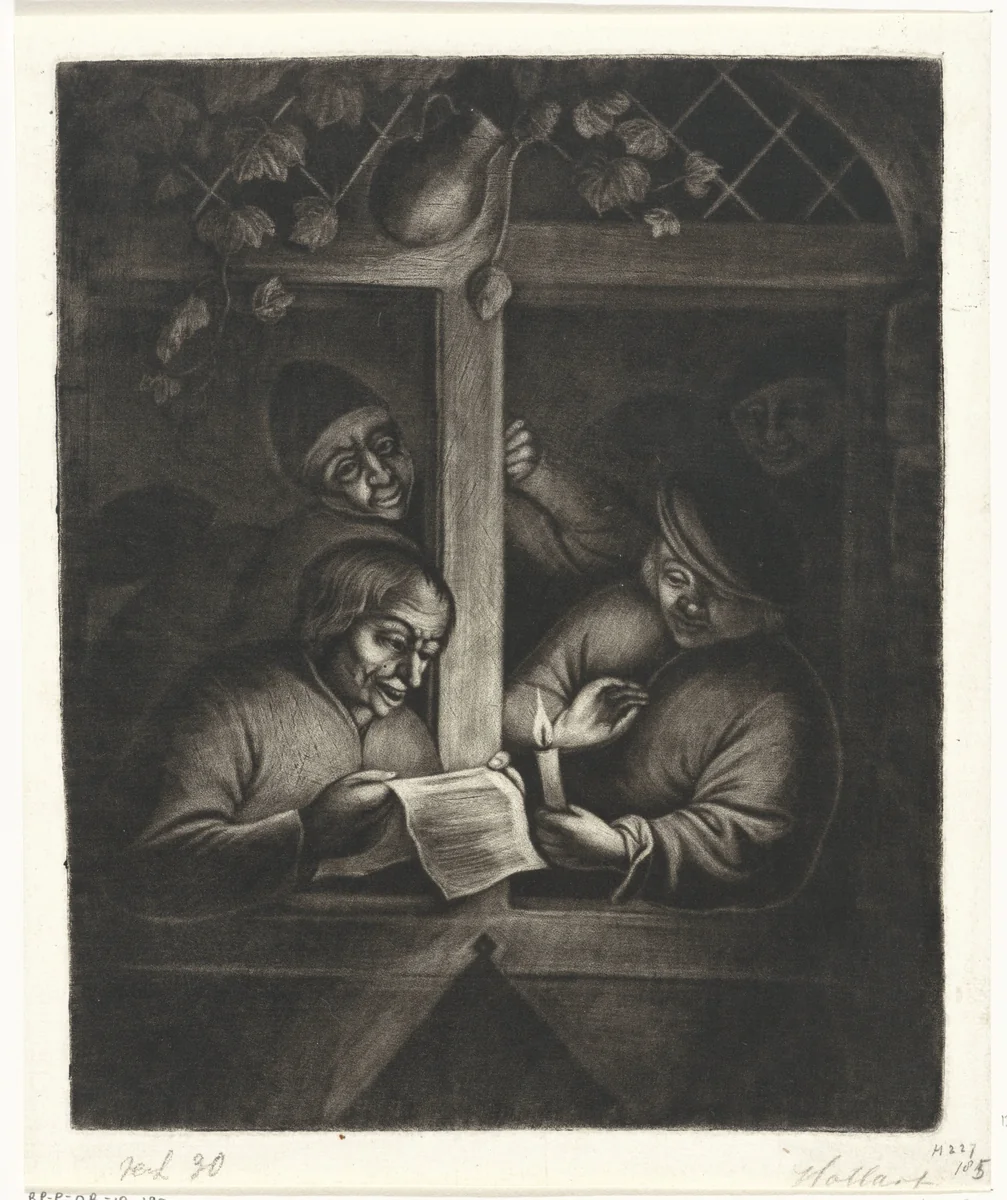 Voorlezer in een venster by Jacob Hoolaart, print, 1723-1789