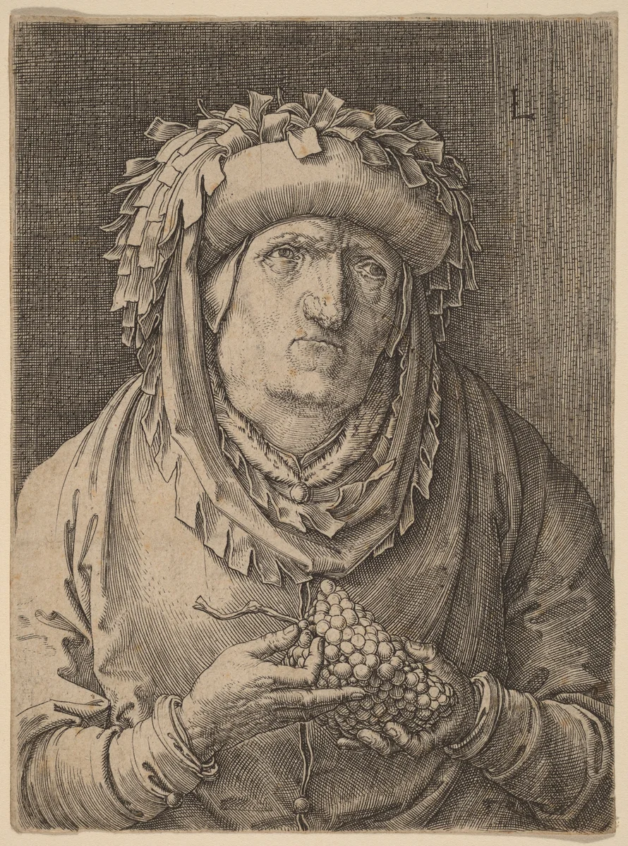 The Old Woman with Grapes by Lucas van Leyden, print, 1523