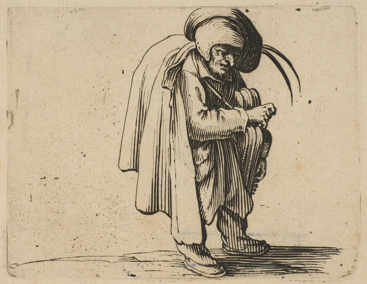 Le Jouer de Vielle (The Hurdy-Gurdy Player), from "Varie Figure Gobbi, suite appelée aussi Les Bossus, Les Pygmées, Les Nains Grotesques" (Various Hunchbacked Figures, The Hunchbacks, The Pygmes, The Grotesque Dwarfs) by Jacques Callot, print, 1616-1622