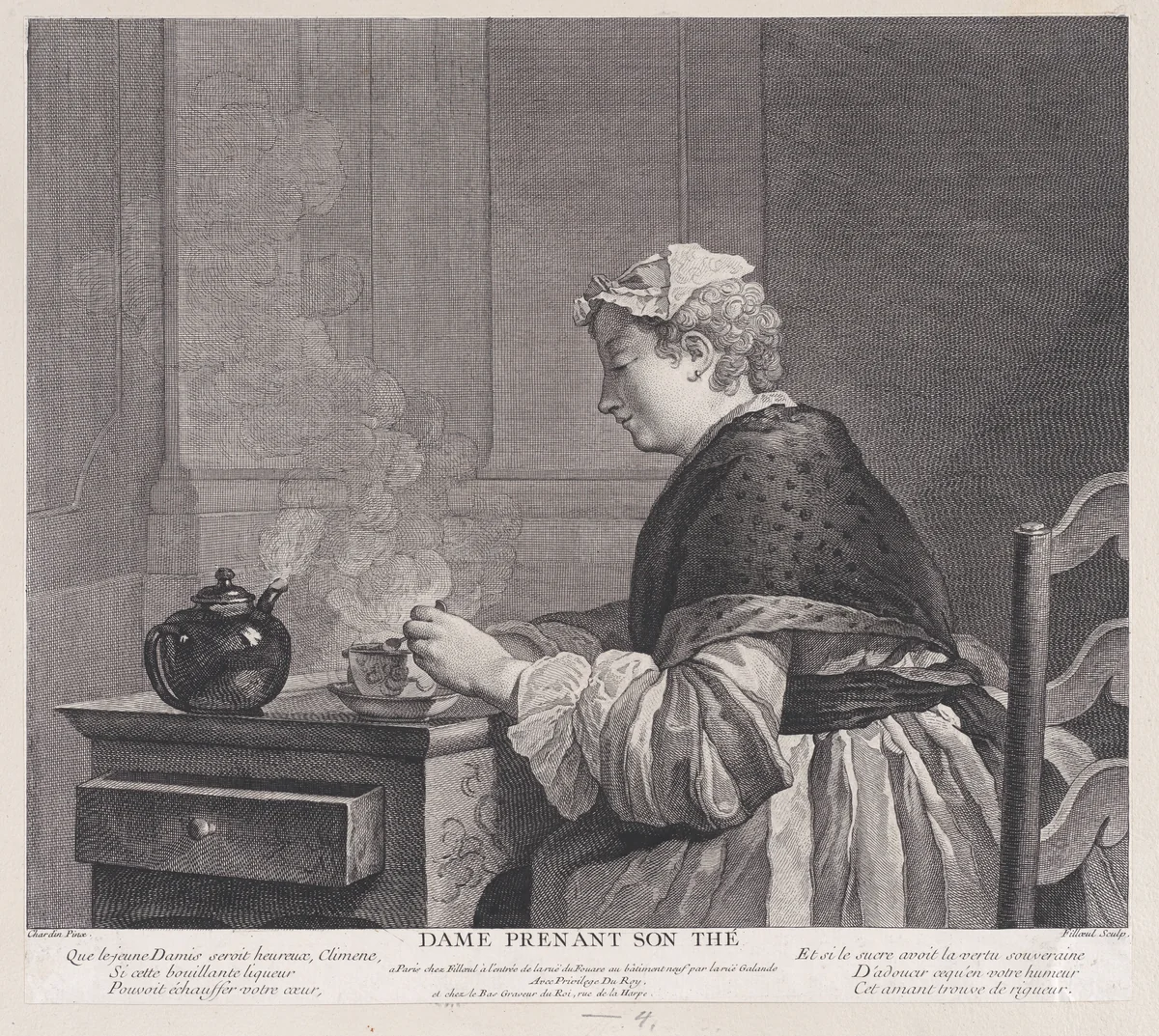 Woman Having Tea by Pierre Filloeul, print, 1759