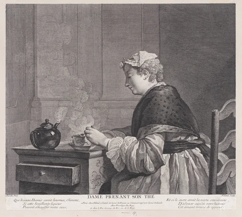 Woman Having Tea by Pierre Filloeul, print, 1759